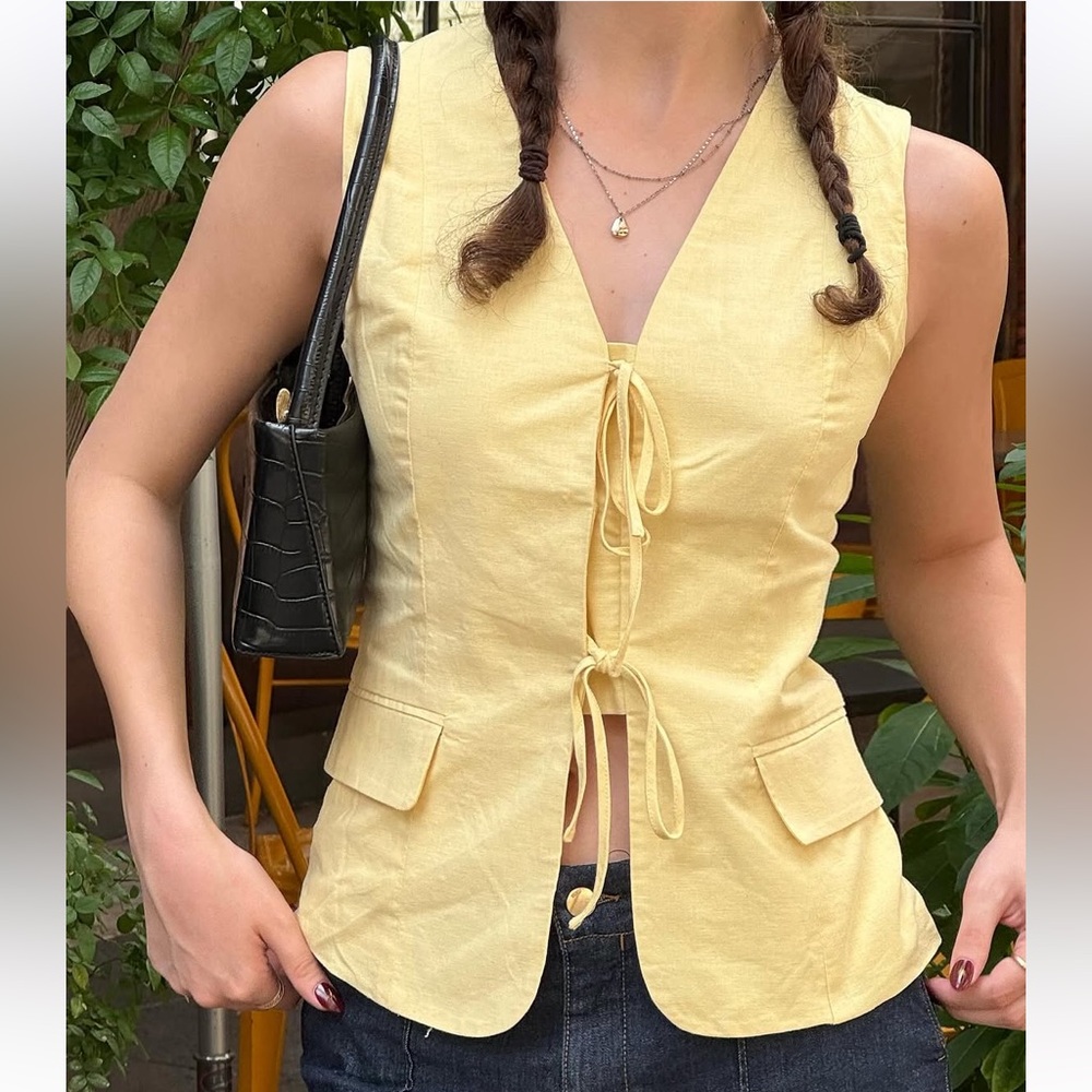 NWT Petal & Pup Pale Yellow Tie-Front Linen Tank